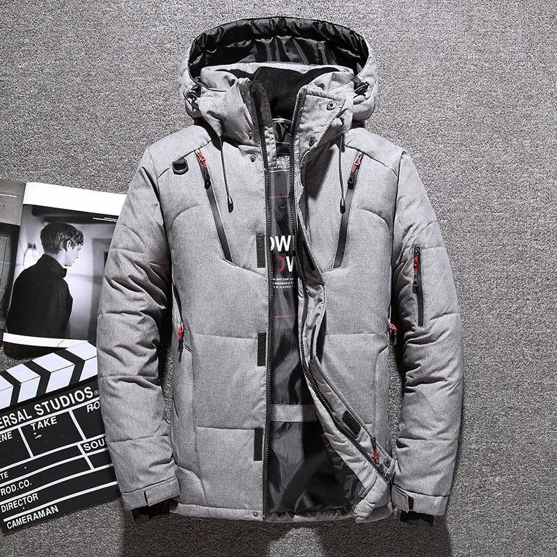 Gray duck down puffer jacket with detachable hood