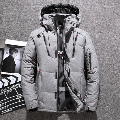 Gray duck down puffer jacket with detachable hood