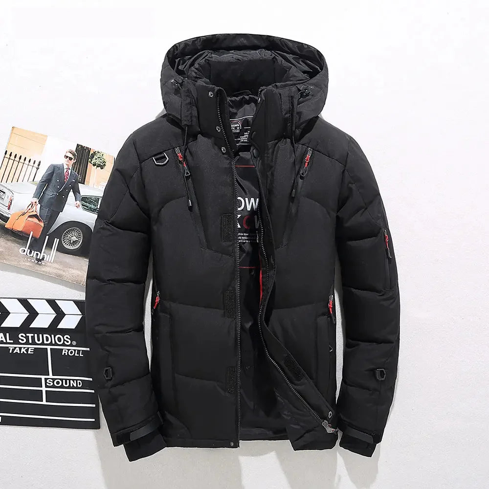 Black duck down puffer jacket with detachable hood
