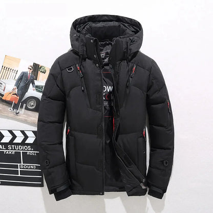 Black duck down puffer jacket with detachable hood