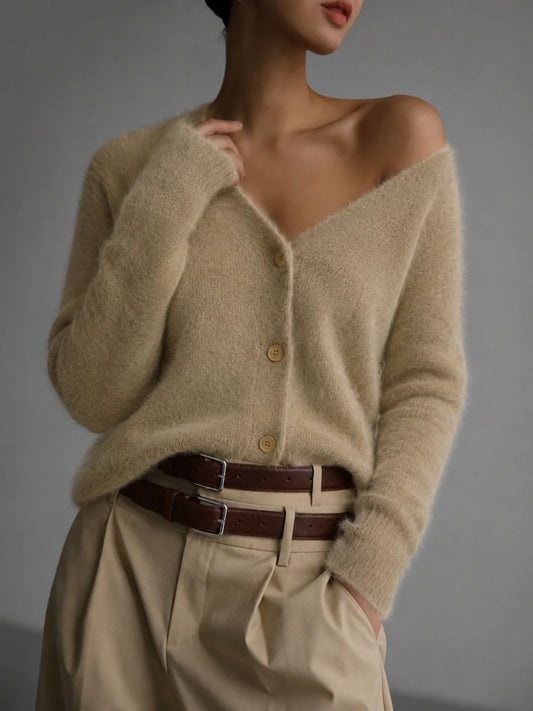 Women's beige fuzzy V-neck button cardigan