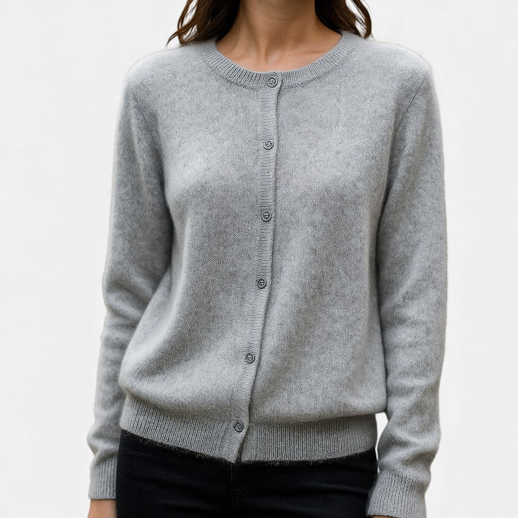 Women's light gray button up cardigan sweater