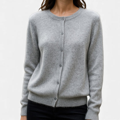 Women's light gray button up cardigan sweater