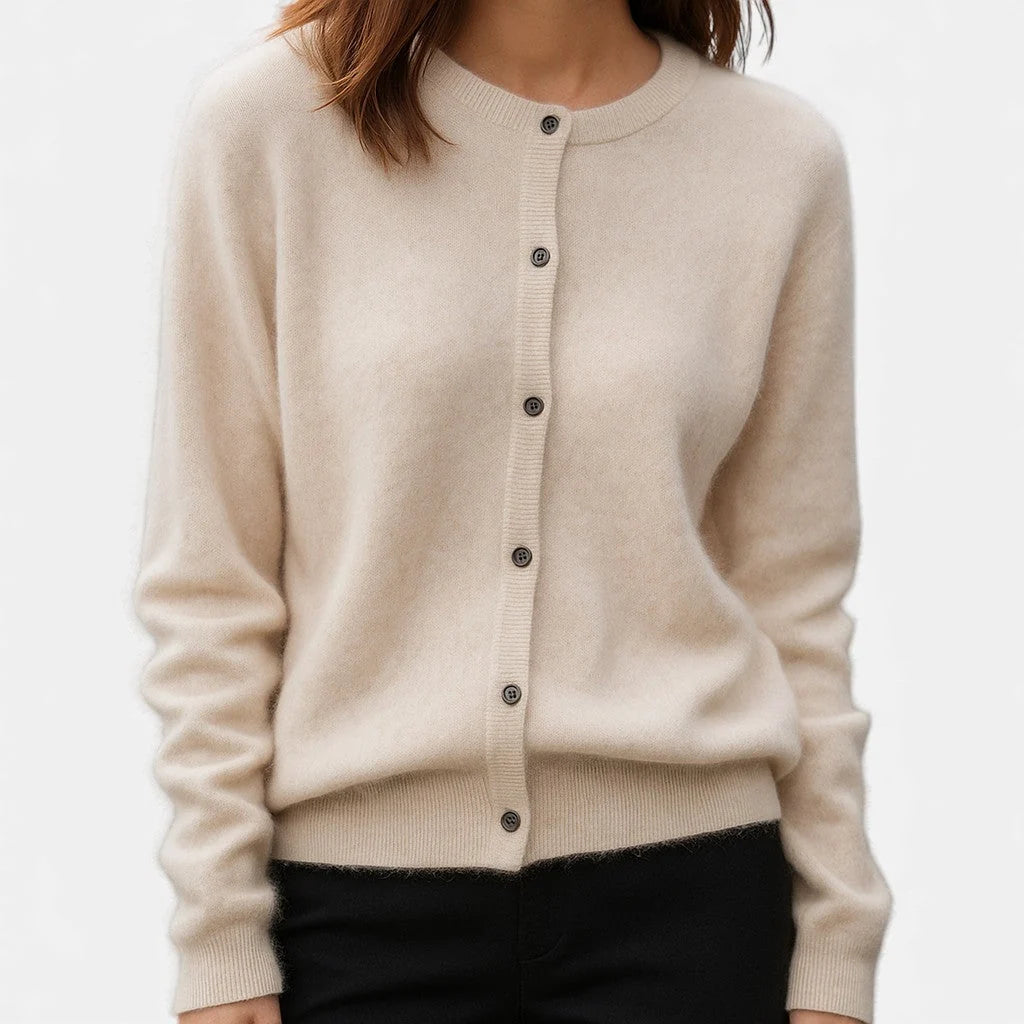 Women's beige button up cardigan sweater