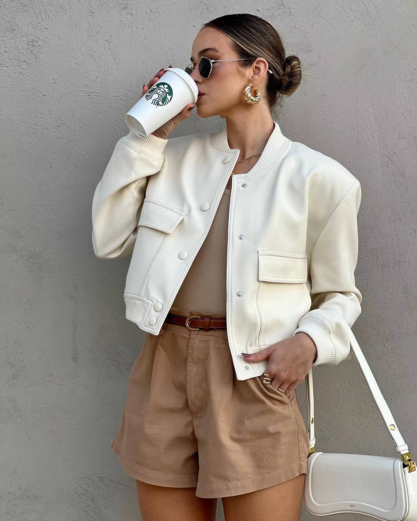 Oat Milk Oversized Bomber Jacket with Ribbed Collar and Cuffs