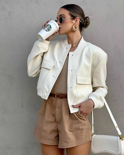 Oat Milk Oversized Bomber Jacket with Ribbed Collar and Cuffs