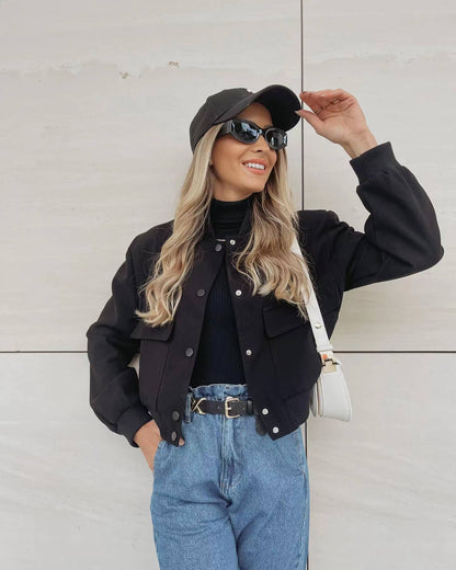 Black Oversized Bomber Jacket with Ribbed Collar and Cuffs