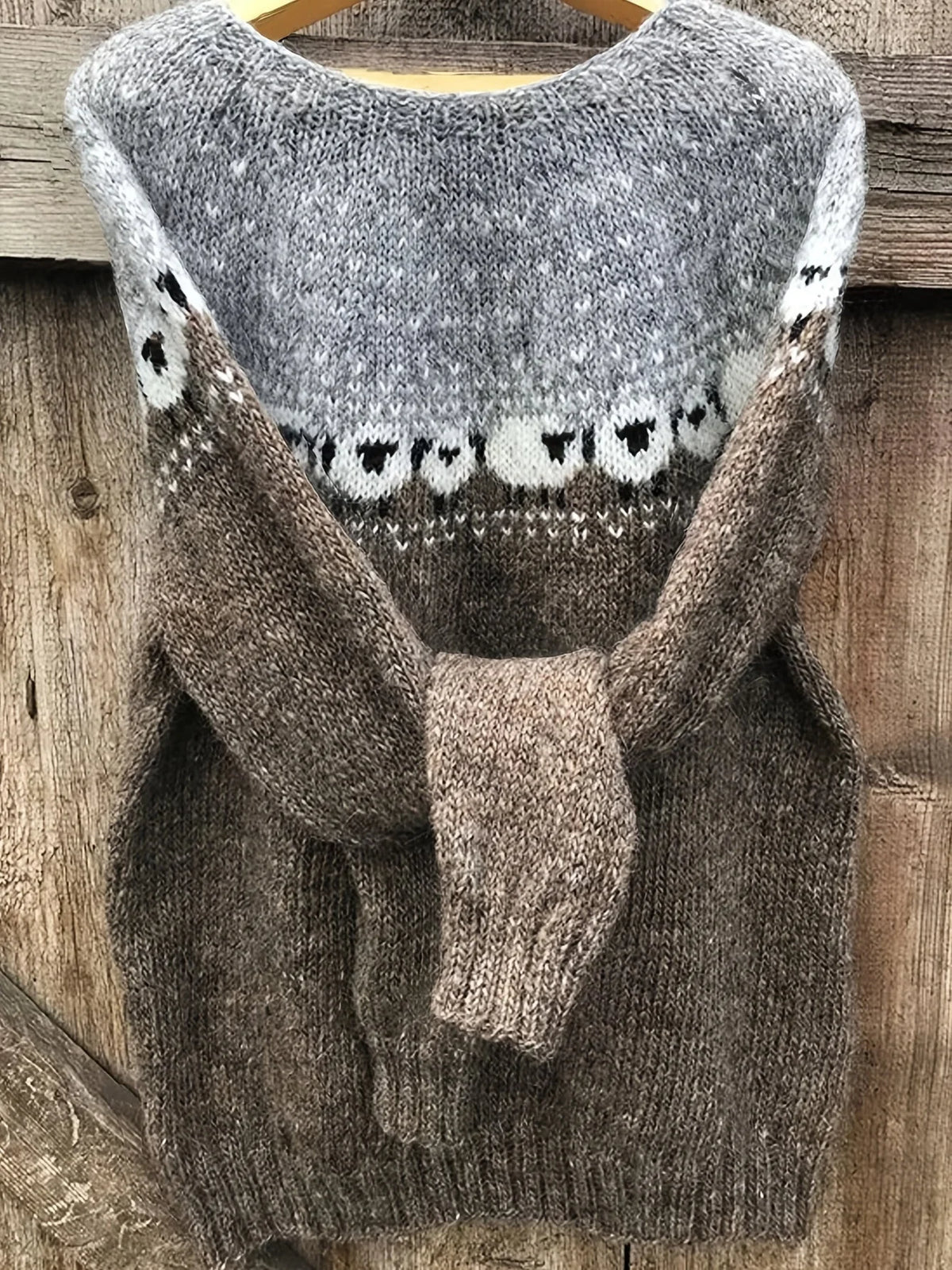 Gray thick knit sweater with sheep jacquard pattern