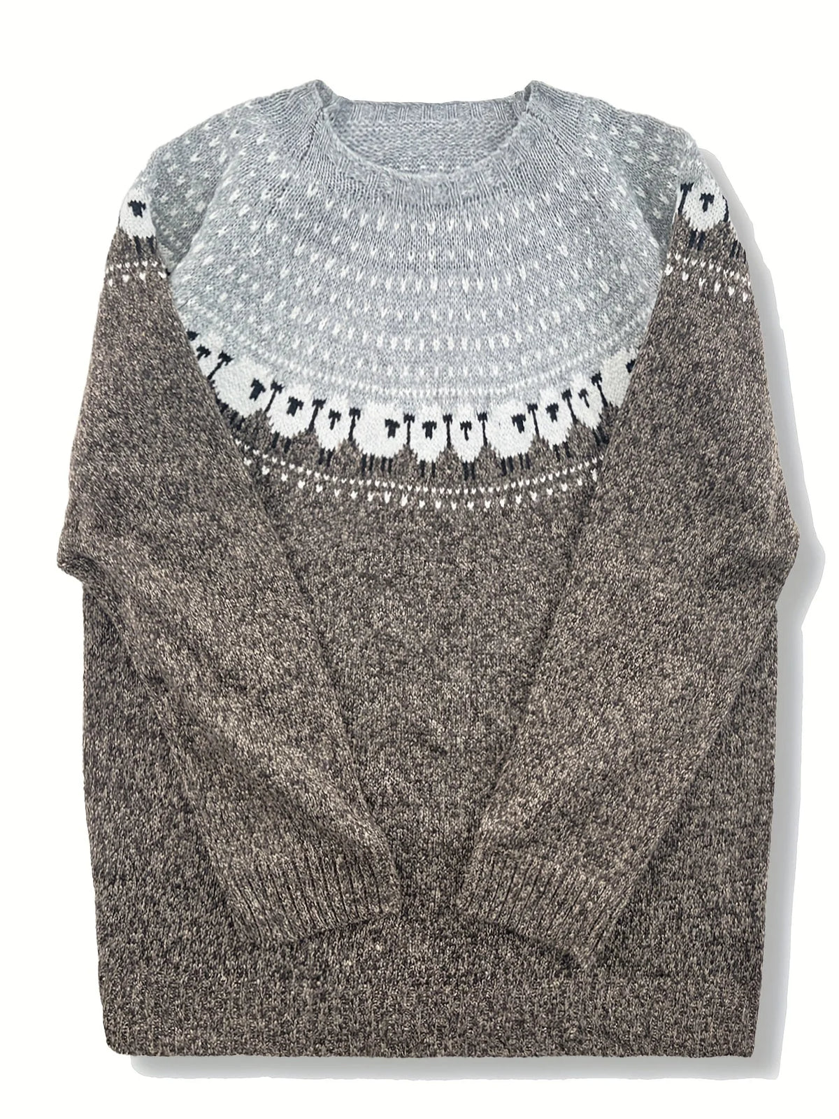 Gray thick knit sweater with sheep jacquard pattern