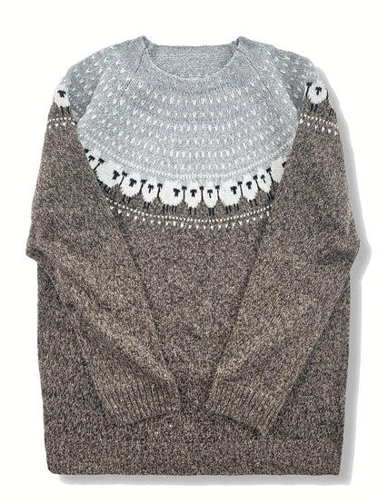 Gray thick knit sweater with sheep jacquard pattern