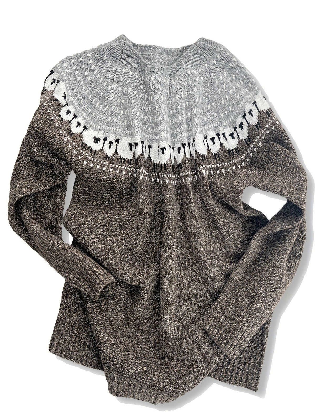 Gray thick knit sweater with sheep jacquard pattern