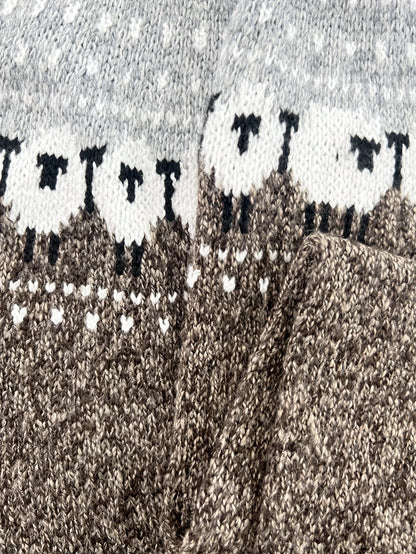Gray thick knit sweater with sheep jacquard pattern