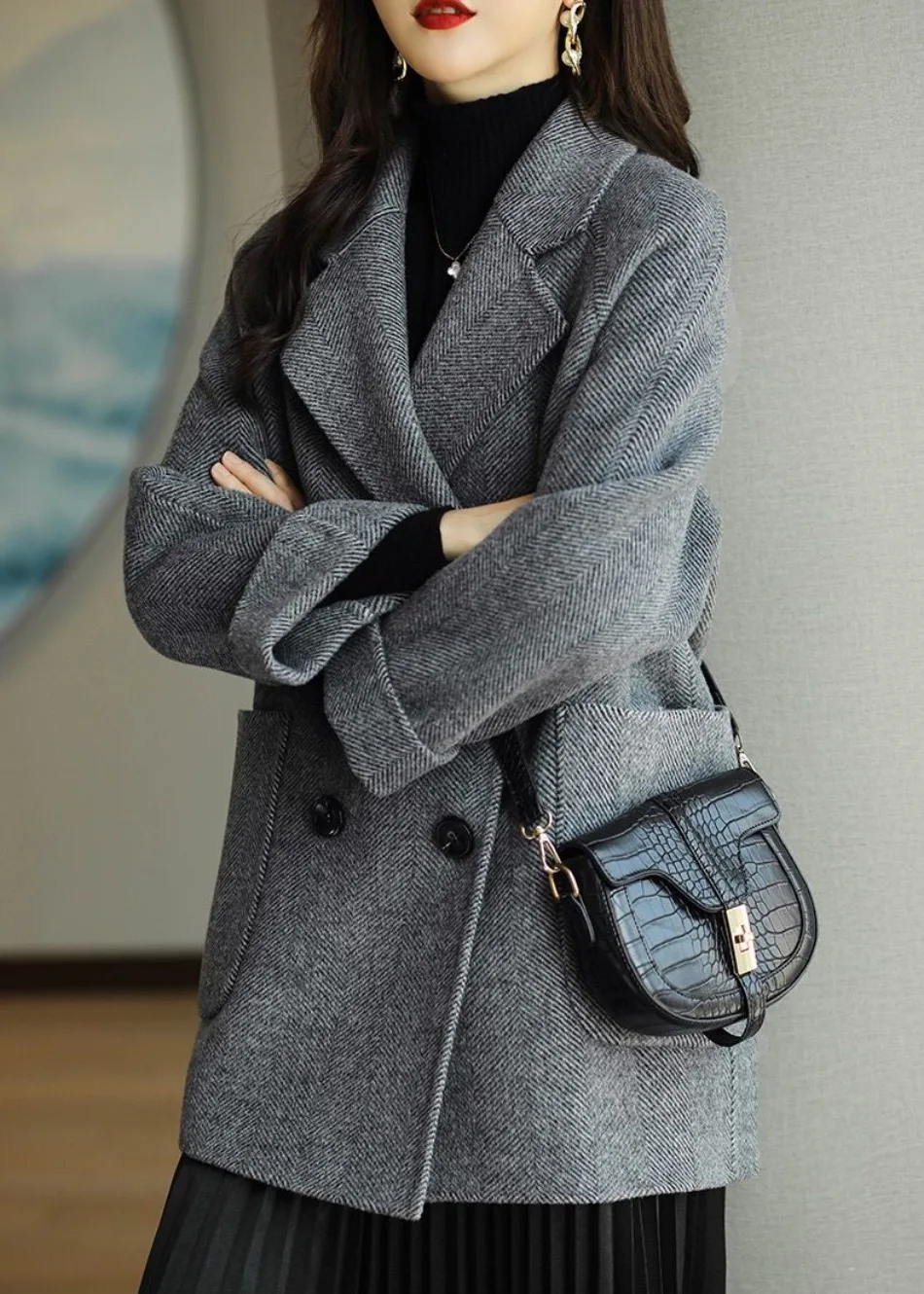 Gray Belted Double-Breasted Editorial Trench Coat