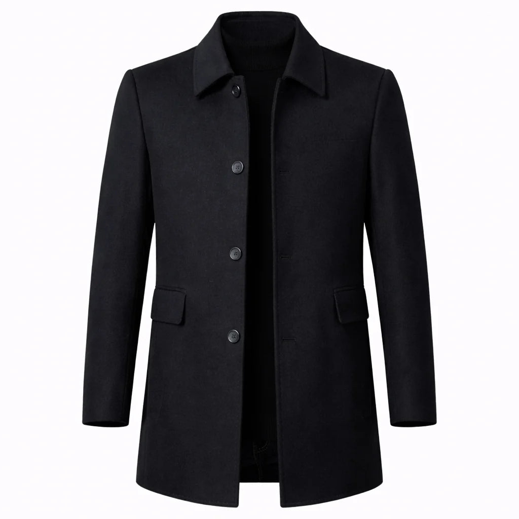 Men's black wool blend overcoat with button front