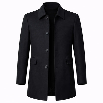 Men's black wool blend overcoat with button front