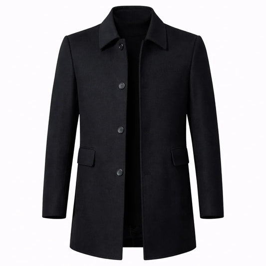 Men's black wool blend overcoat with button front