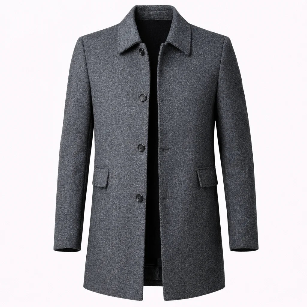 Men's gray wool blend overcoat with button front
