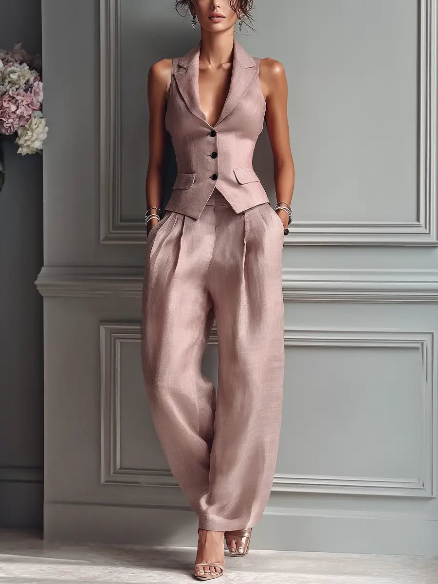 Women's blush pink linen vest and wide leg pants two piece set