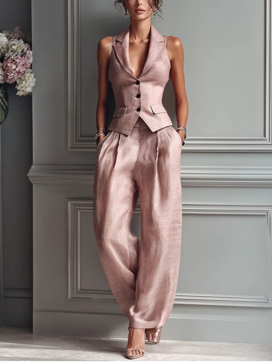 Women's blush pink linen vest and wide leg pants two piece set