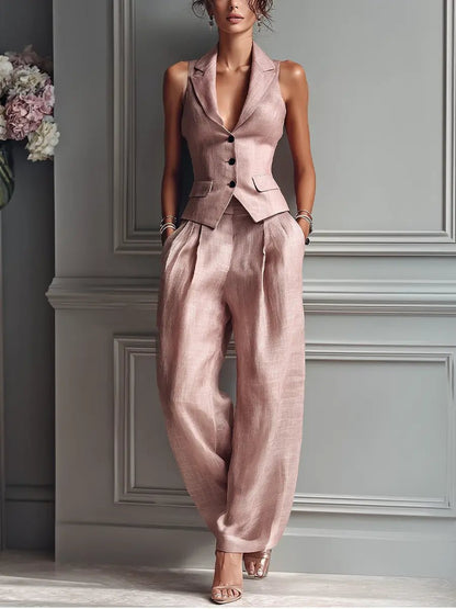 Women's blush pink linen vest and wide leg pants two piece set