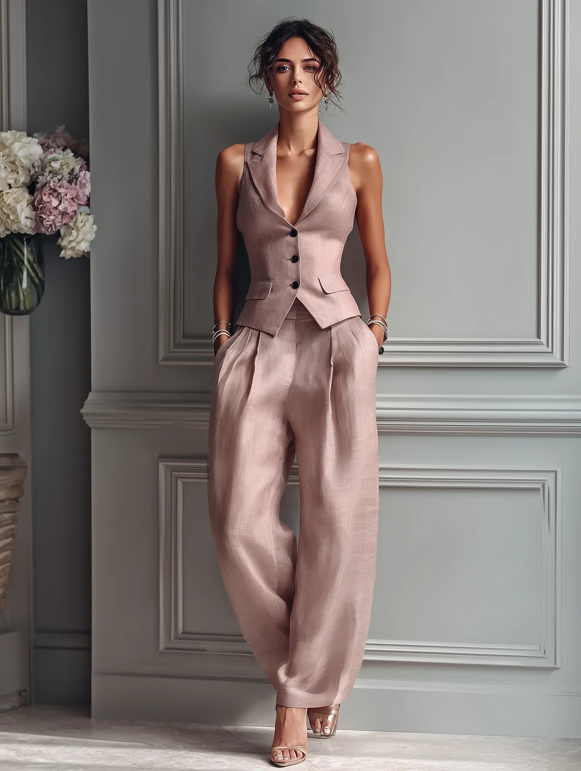Women's blush pink linen vest and wide leg pants two piece set