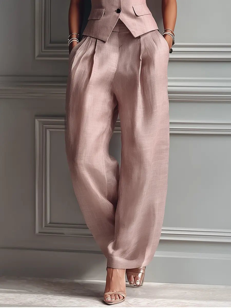 Women's blush pink linen vest and wide leg pants two piece set