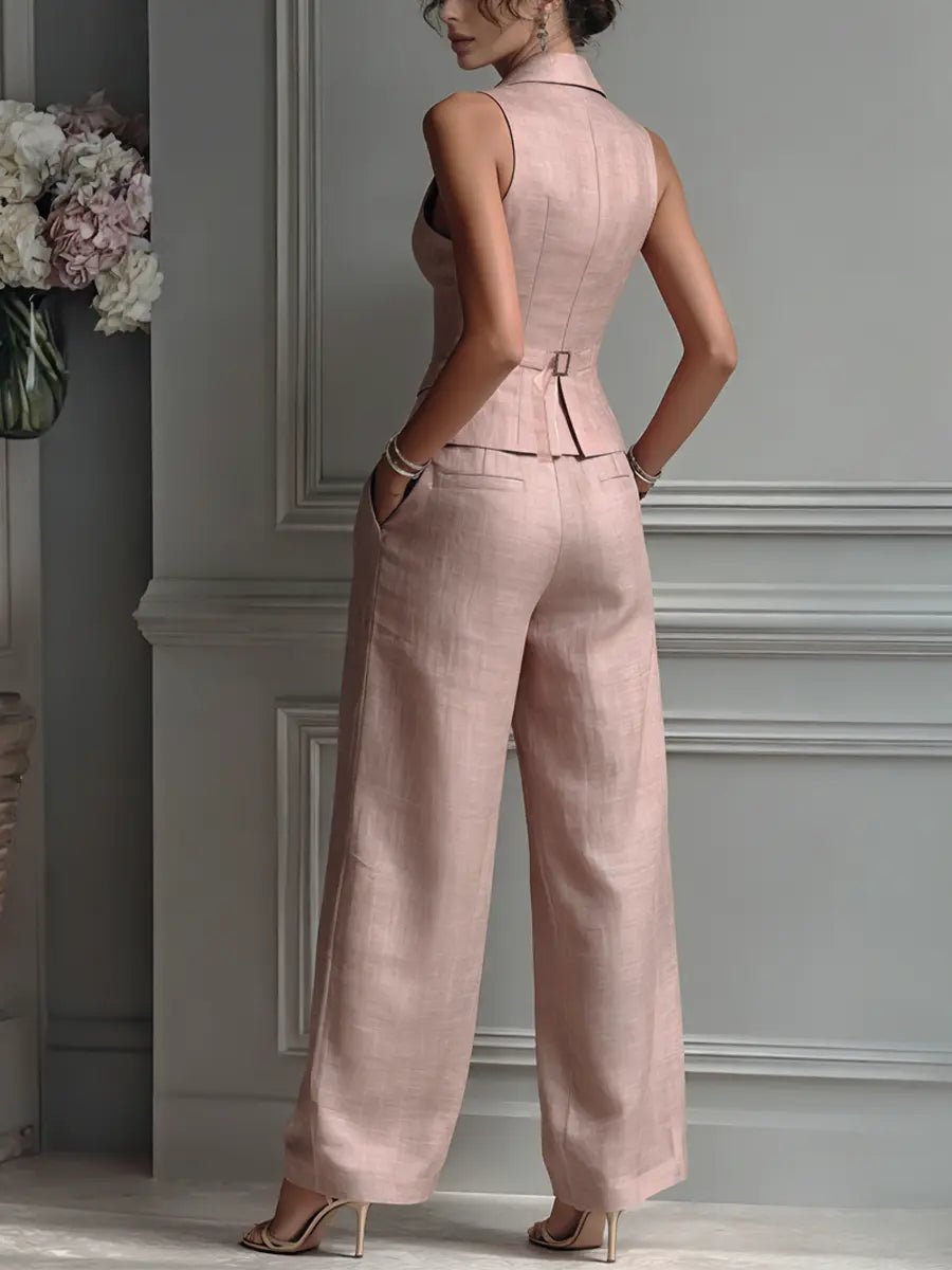 Women's blush pink linen vest and wide leg pants two piece set