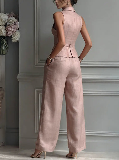 Women's blush pink linen vest and wide leg pants two piece set