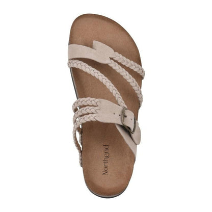 Women's green braided strap sandals with buckle and cork footbed
