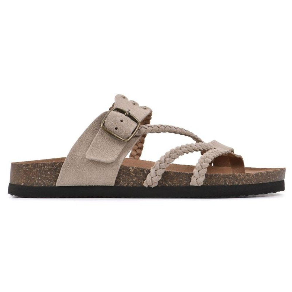 Women's green braided strap sandals with buckle and cork footbed