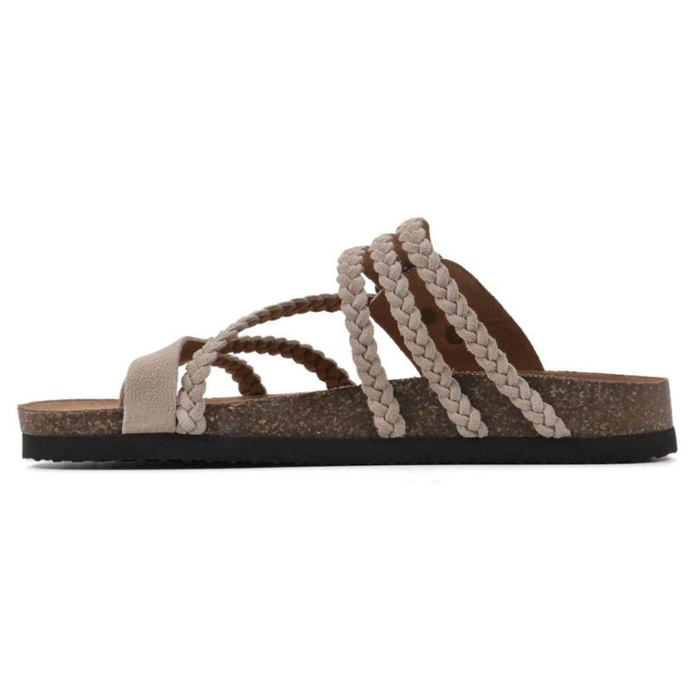 Women's green braided strap sandals with buckle and cork footbed