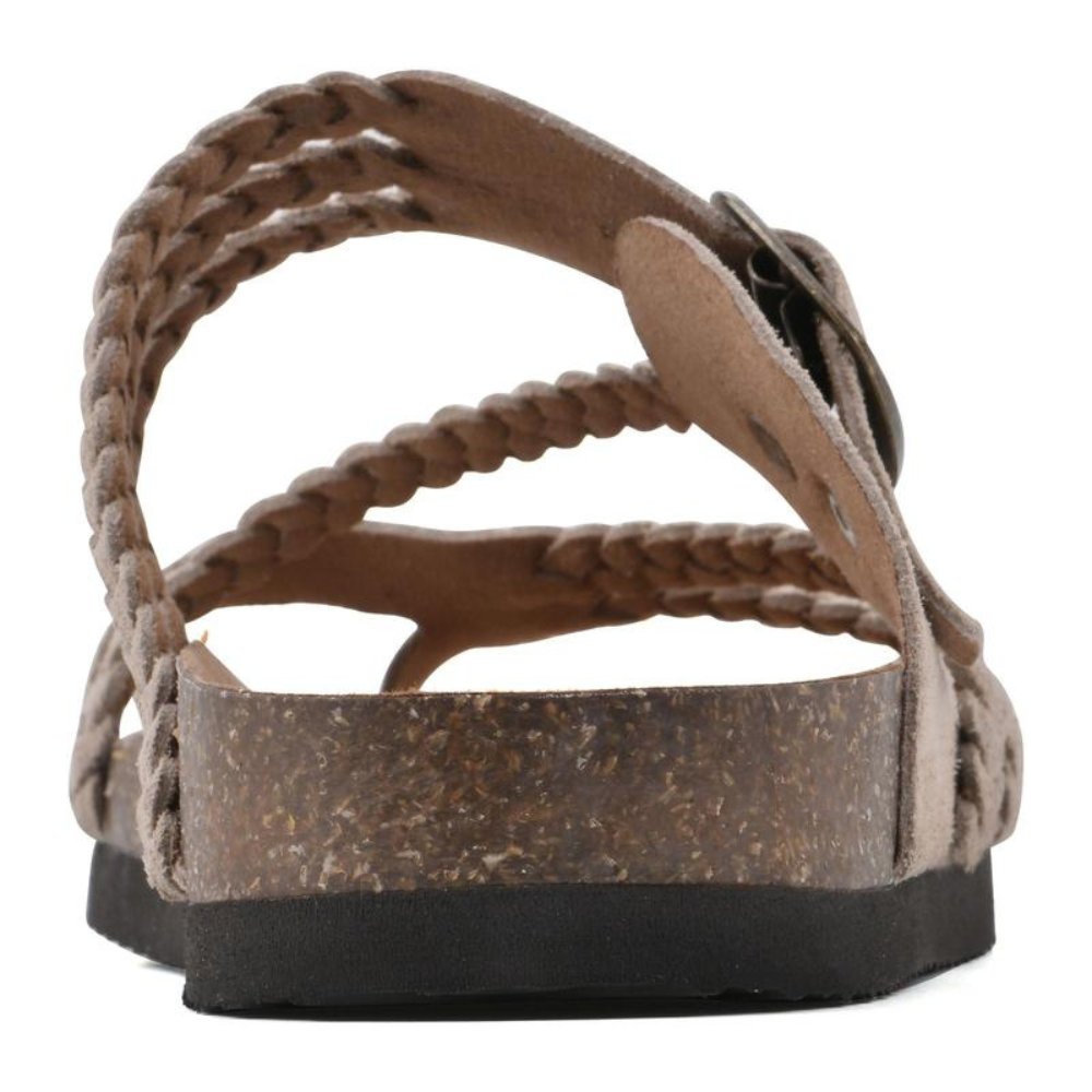 Women's green braided strap sandals with buckle and cork footbed