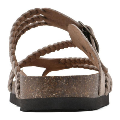 Women's green braided strap sandals with buckle and cork footbed