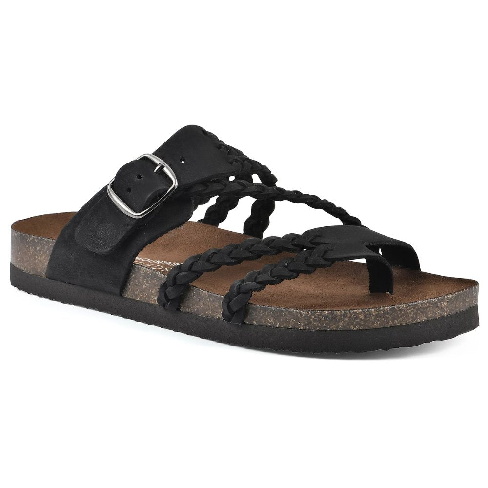 Women's green braided strap sandals with buckle and cork footbed
