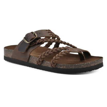 Women's green braided strap sandals with buckle and cork footbed