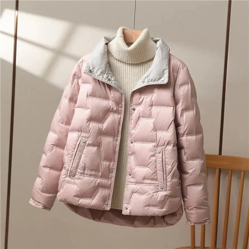 Alexandra down puffer jacket, stand collar detail