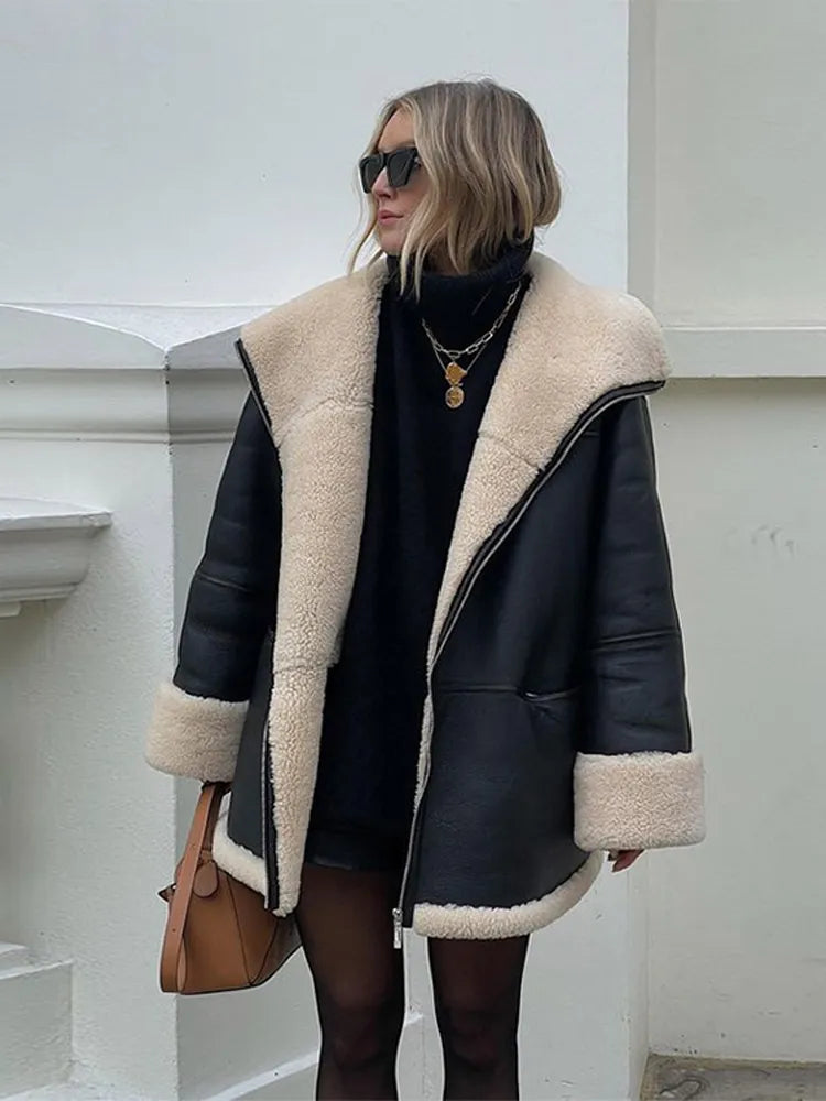 Black Oversized Shearling Jacket with Lambskin Collar Trim