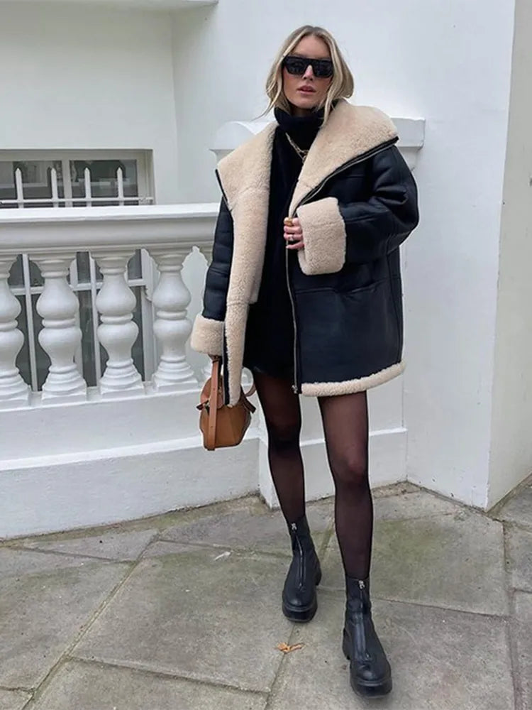 Oversized Shearling Jacket with Lambskin Collar Trim