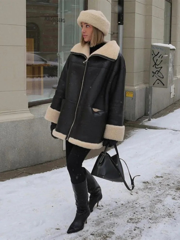 Oversized Shearling Jacket with Lambskin Collar Trim – view 2