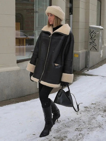 Oversized Shearling Jacket with Lambskin Collar Trim – view 2