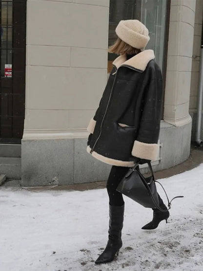 Oversized Shearling Jacket with Lambskin Collar Trim – view 3