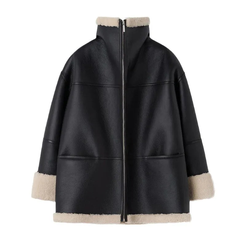 Oversized Shearling Jacket with Lambskin Collar Trim – view 4