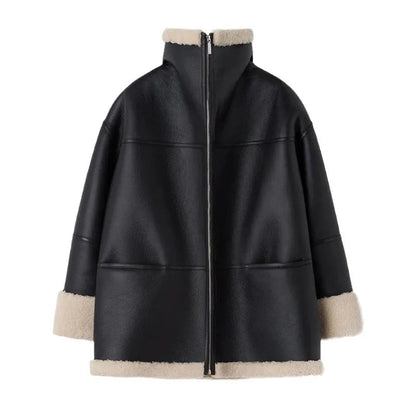 Oversized Shearling Jacket with Lambskin Collar Trim – view 4