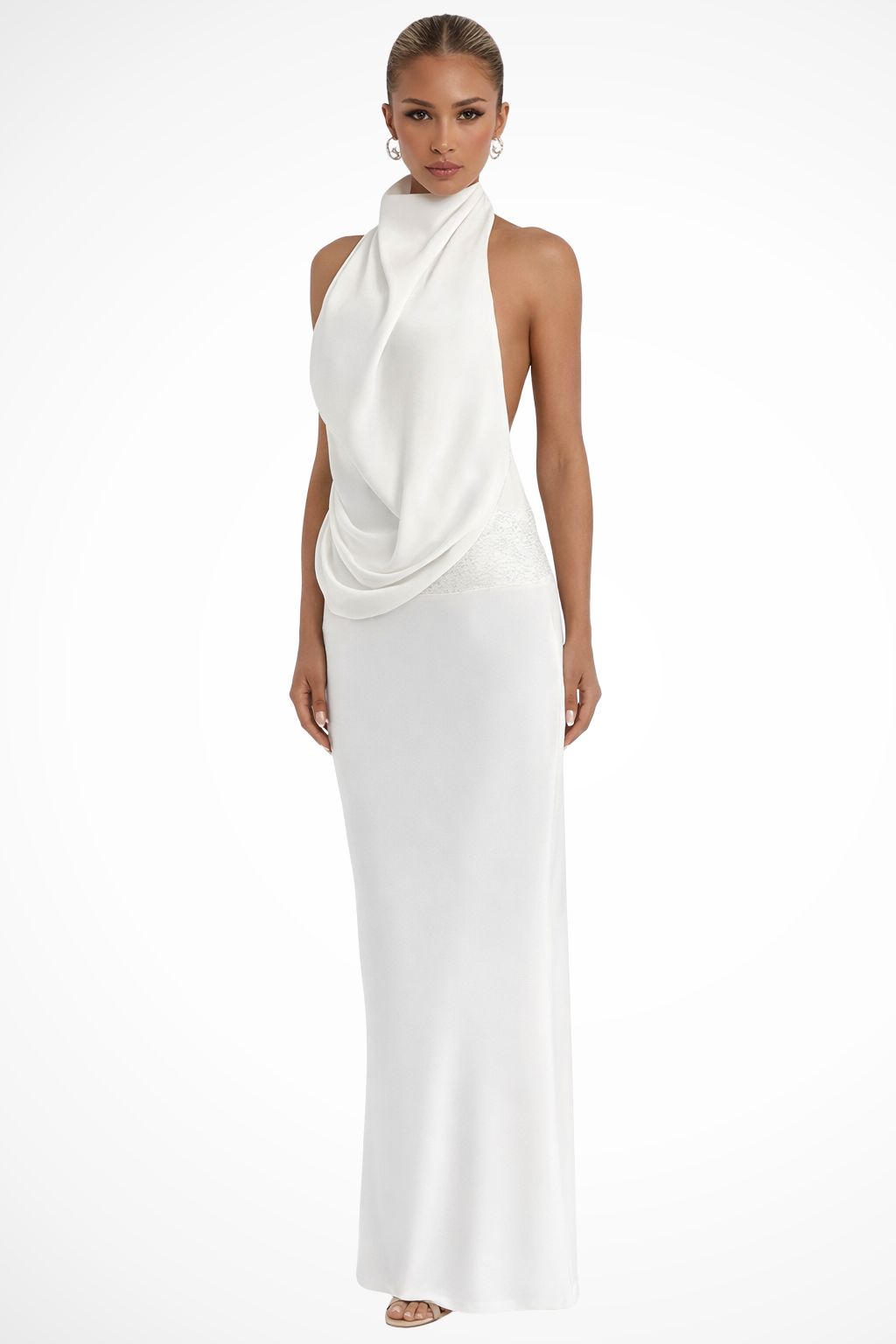 Women's white halter draped satin maxi wedding guest dress