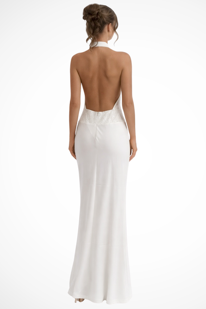 Women's white halter draped satin maxi wedding guest dress