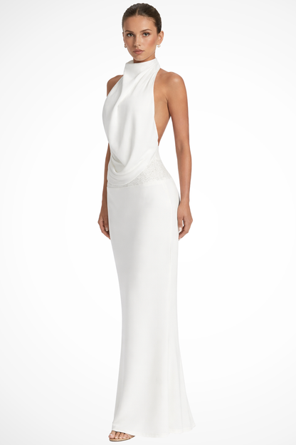 Women's white halter draped satin maxi wedding guest dress