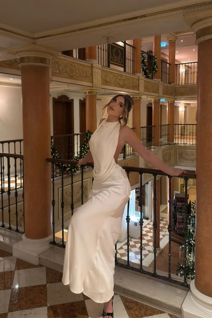 Women's white halter draped satin maxi wedding guest dress