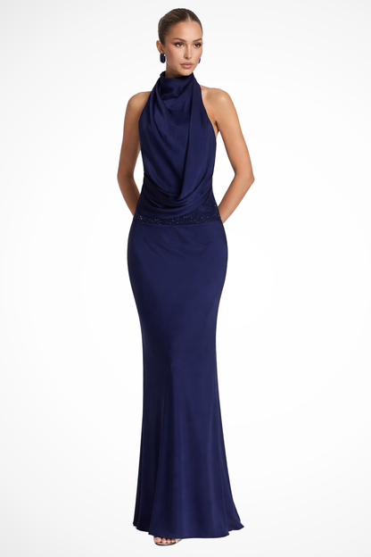 Women's navy blue halter draped satin maxi wedding guest dress