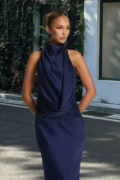 Women's navy blue halter draped satin maxi wedding guest dress