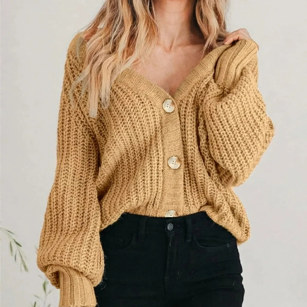 Women's mustard chunky knit cardigan with balloon sleeves